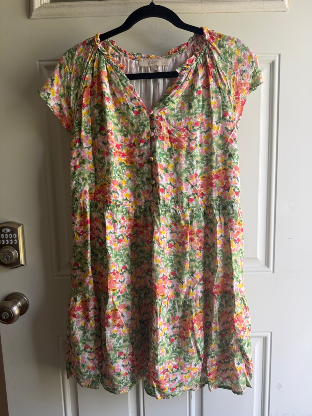 LOFT Floral Button-Front Dress in Pink, Green & Yellow